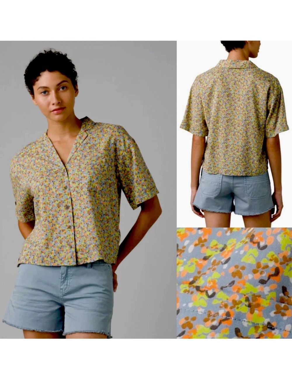 PRANA size Large Iguala Top Sea Mist Petals Tencel Button-Up NEW! $69